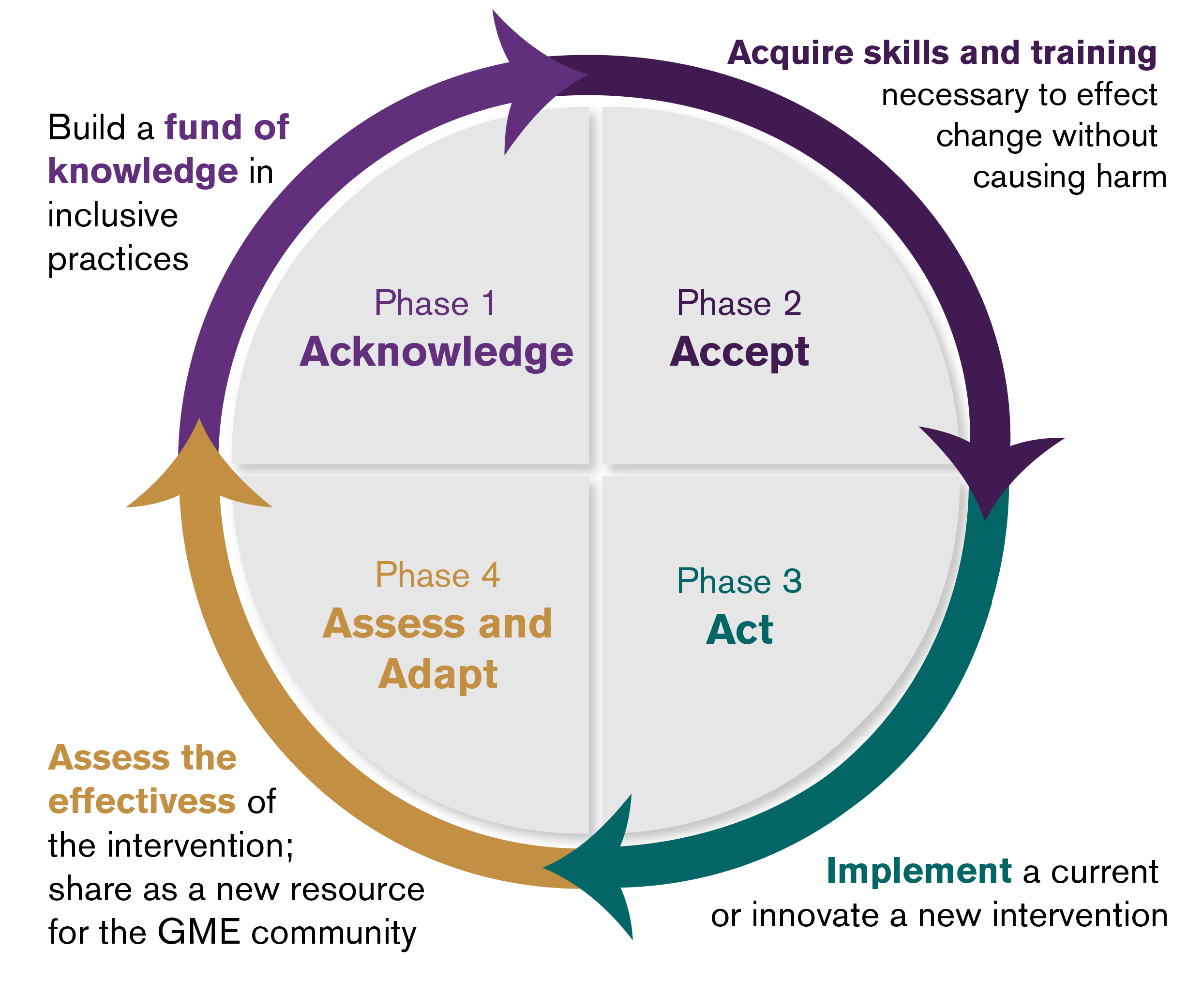 Phase 1 Acknowledge: Build a fund of knowledge in inclusive practices. Phase 2 Accept: Acquire skills and training necessary to effect change without causing harm. Phase 3 Act: Implement a current or innovate a new intervention. Act 4 Assess and Adapt: Assess the effectiveness of the intervention; share as a new resource for the GME community.